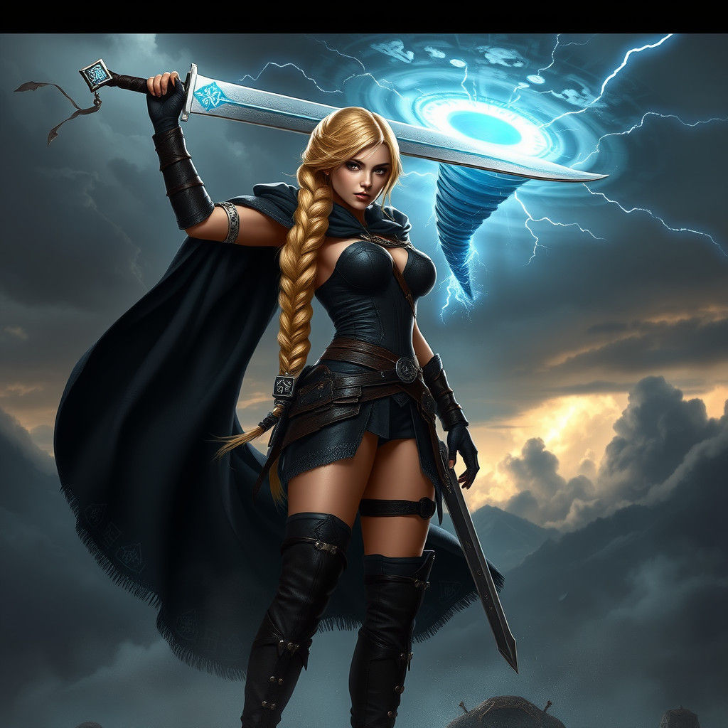 Heroic Female Warrior Conjures Storm Portal
