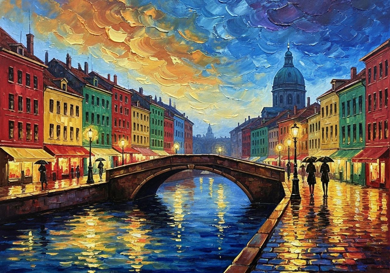 Romantic European Canal City at Twilight Gouache Painting