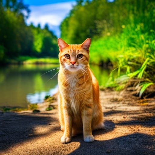 Hyperrealistic Yellow Cat Watching Fish by River