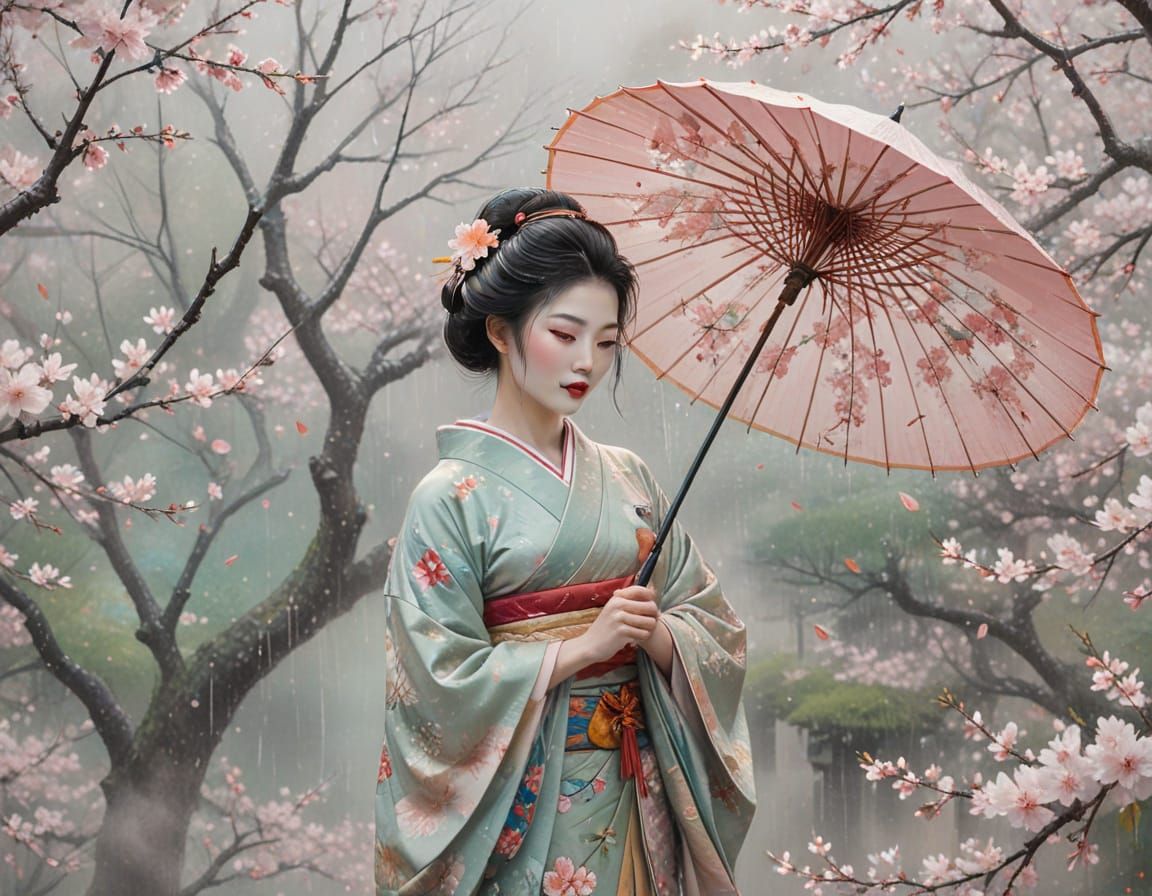 Geisha in April Shower with Cherry Blossoms