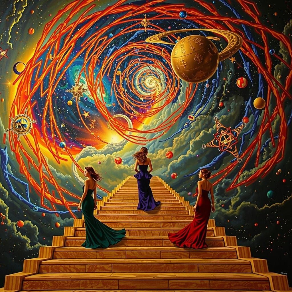 Elegant Women Ascend Celestial Staircase in Hyperrealistic A...
