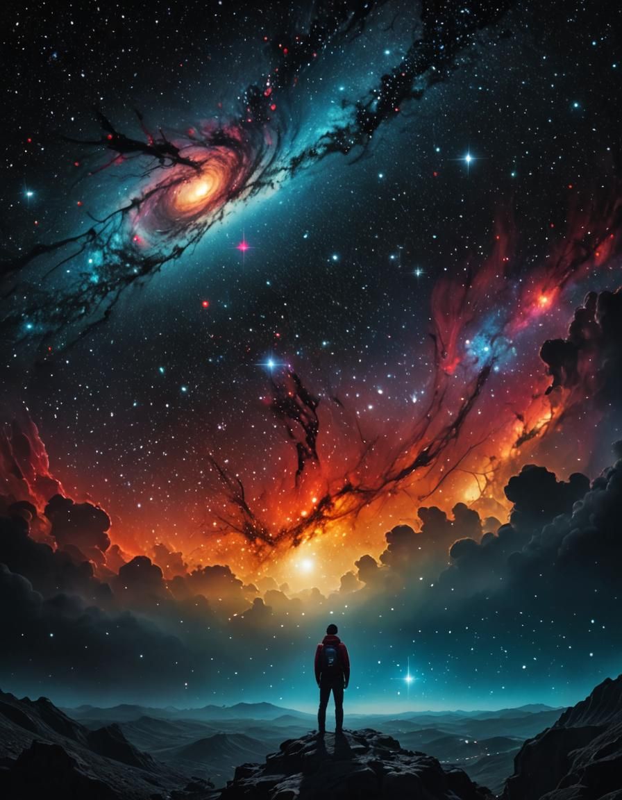 Man Gazing into Galaxy: Surreal Cosmic Digital Art