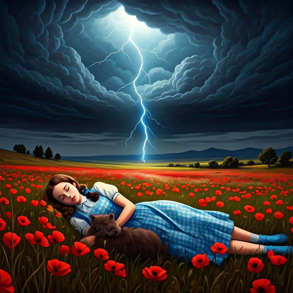 Dorothy in Poppy Field, Moody Cinematic Illustration