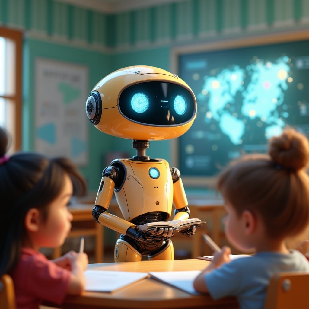 AI Teacher in Pixar-Style Classroom with Holographic Textboo...