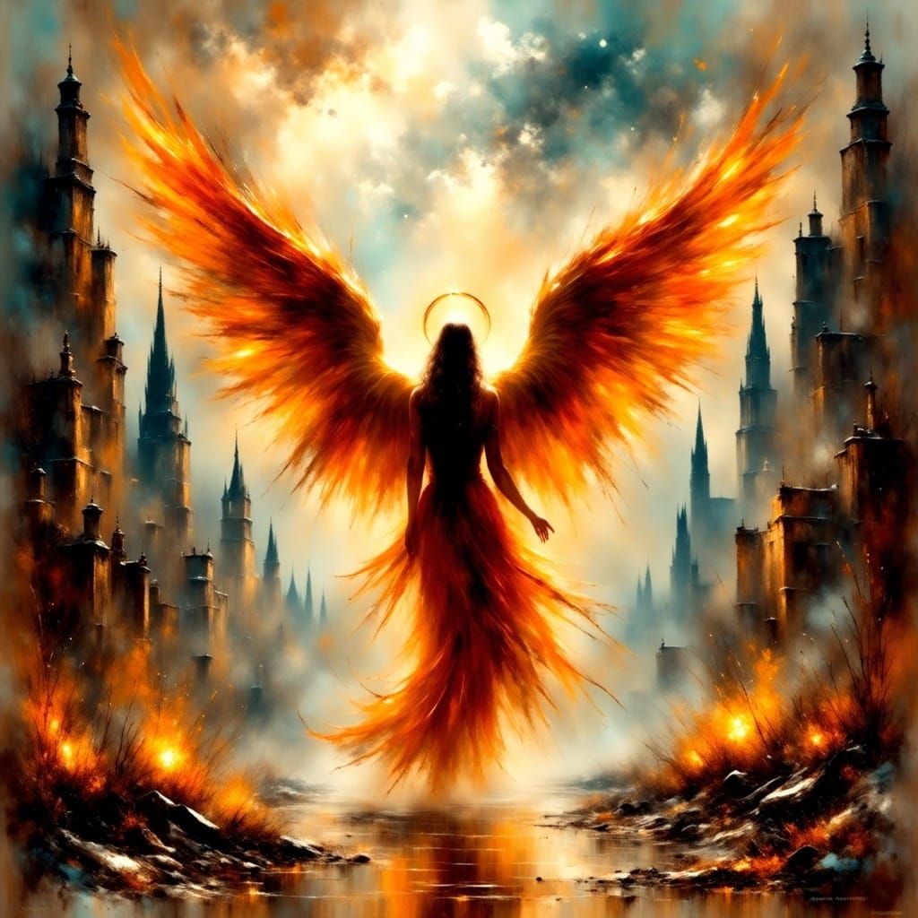Fiery Angel Rises from Apocalypse in Impressionist Style