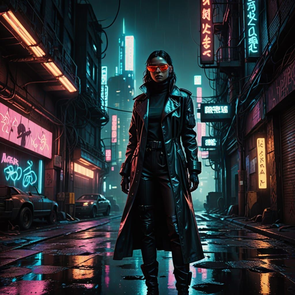 Cyberpunk Bounty Hunter in Neon Alleyway