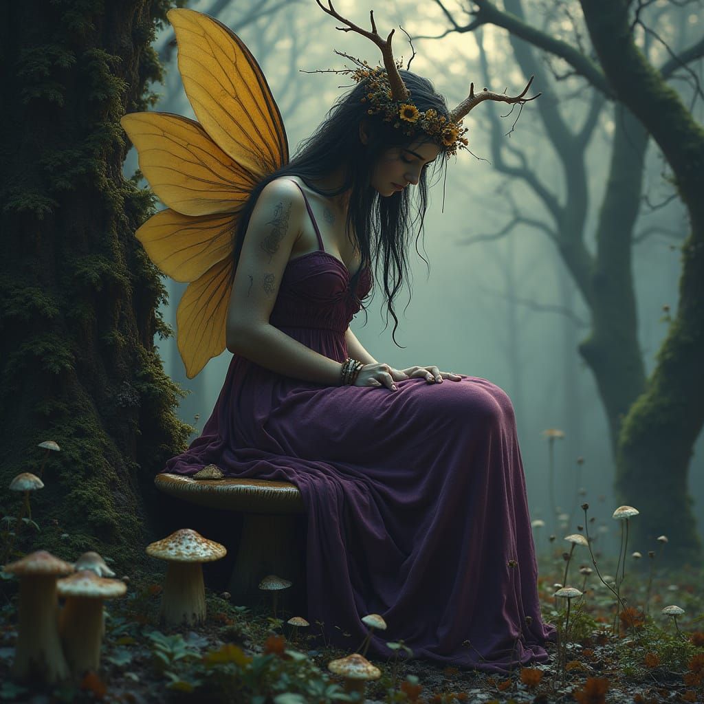 Sorrowful Fairy Queen in Dark Forest, Dramatic Lighting