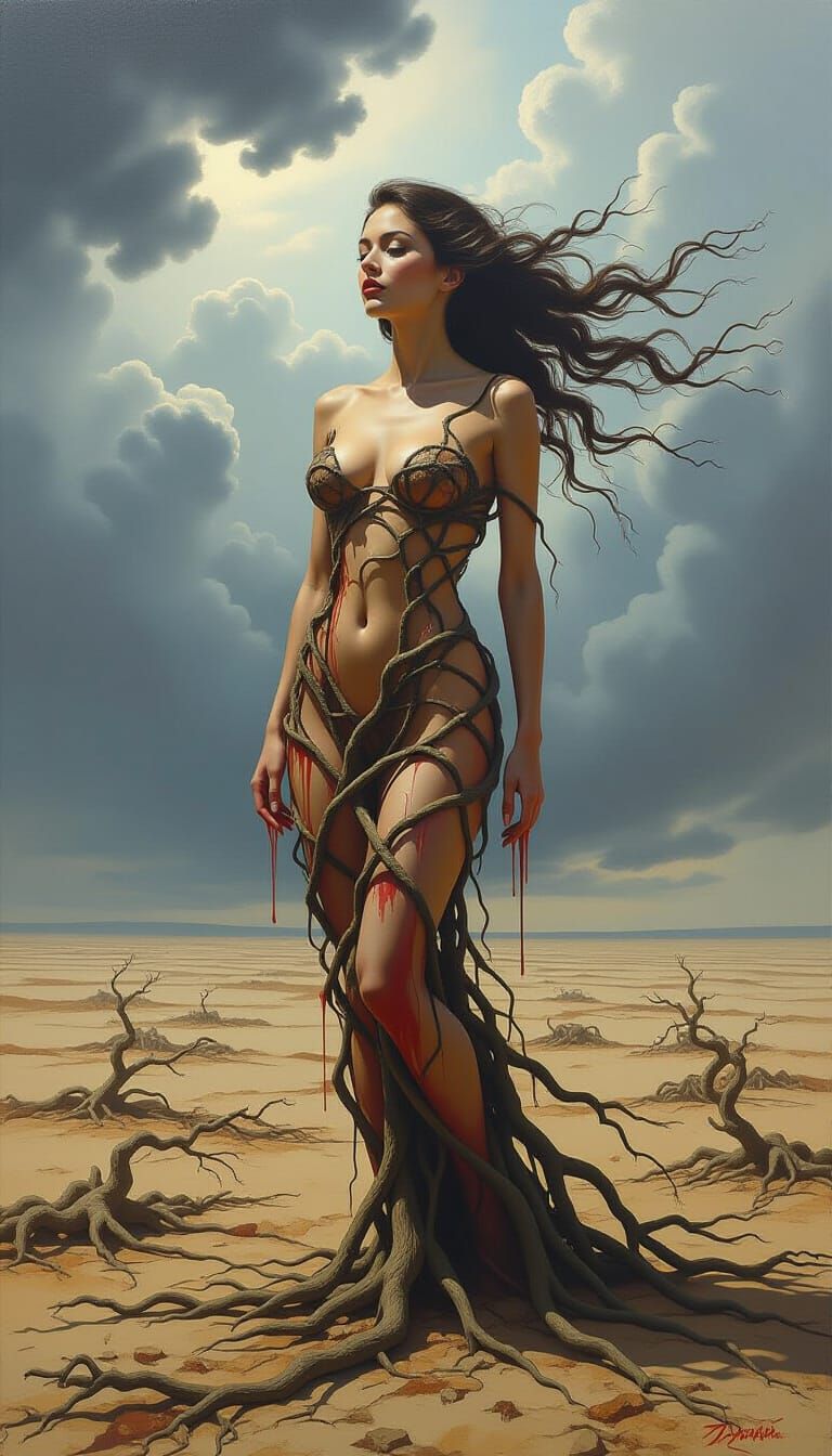 Tree Woman in Windswept Landscape, Dark Oil Painting
