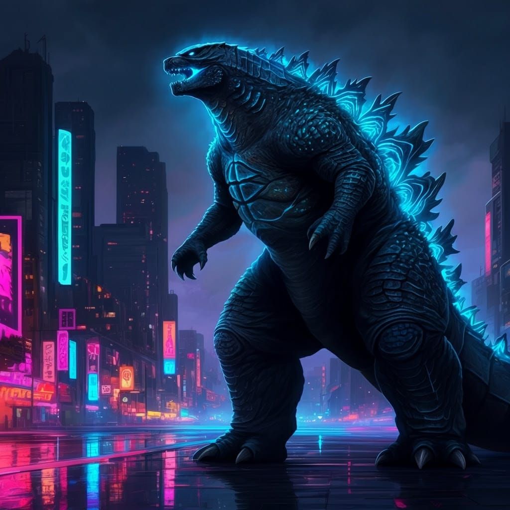 Glowing Godzilla Emerges from Futuristic City
