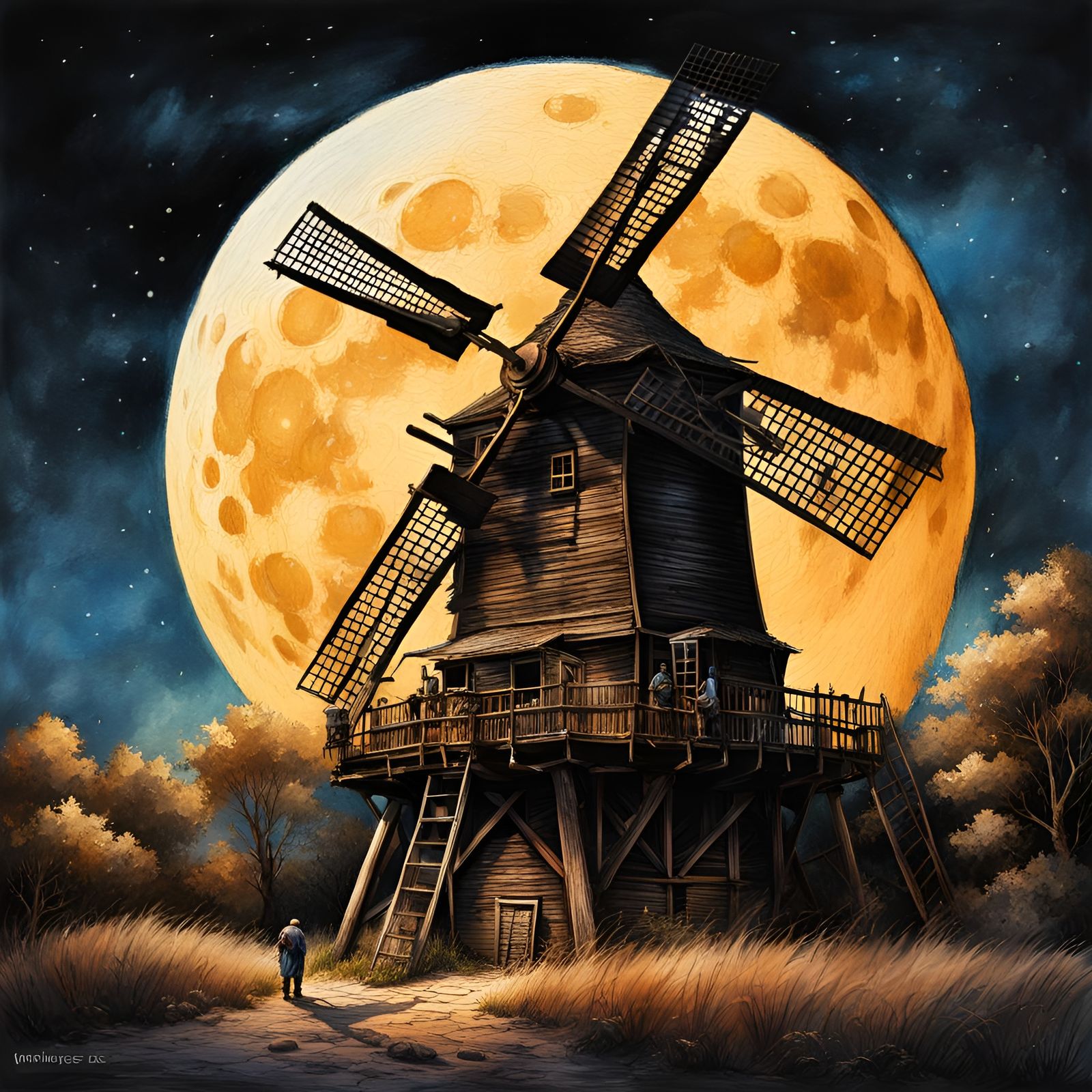 Windmill and Moon Illustration in Watercolor Style