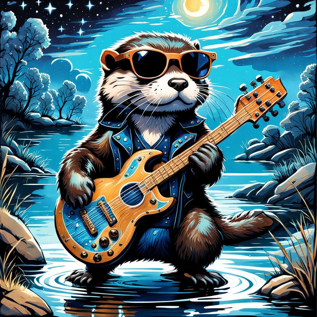 Bioluminescent Otter Guitarist under Starry Sky