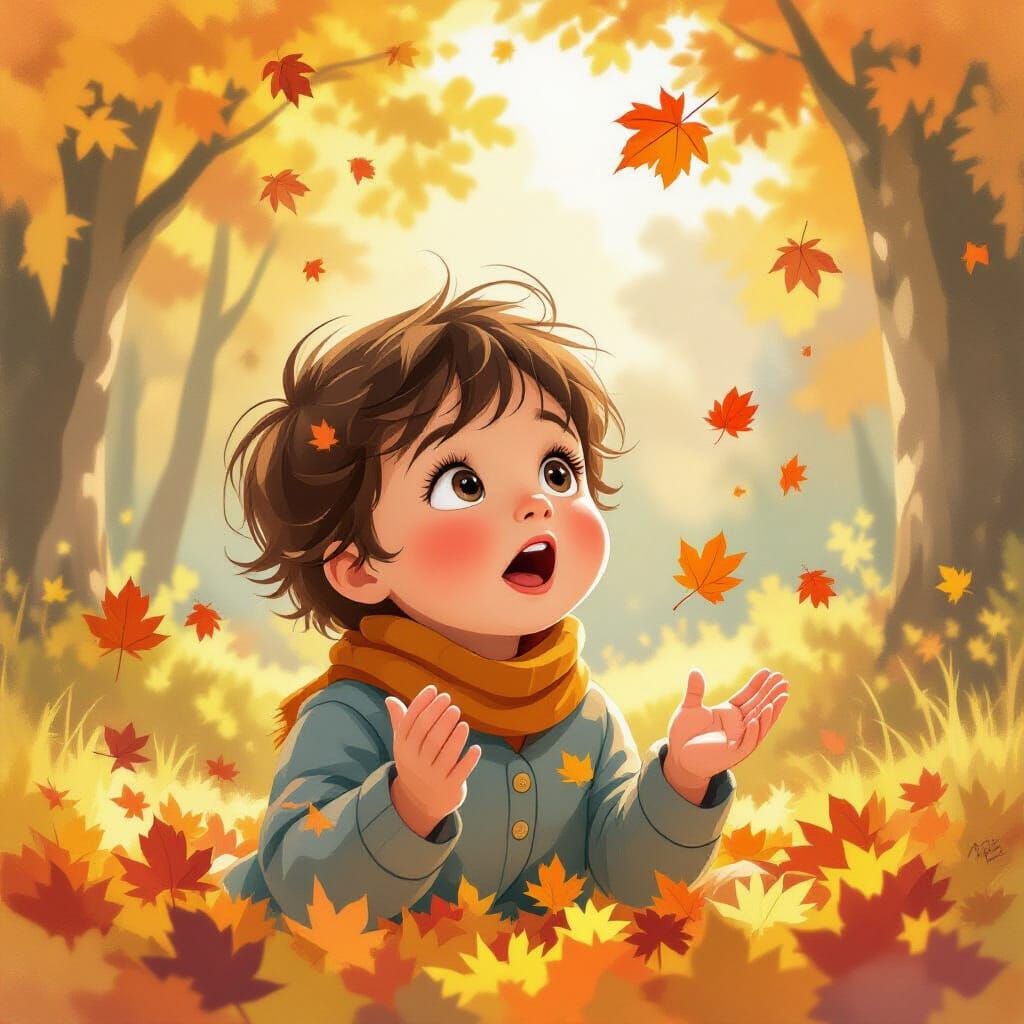 Child Talking Amidst Autumn Leaves in Storybook Style