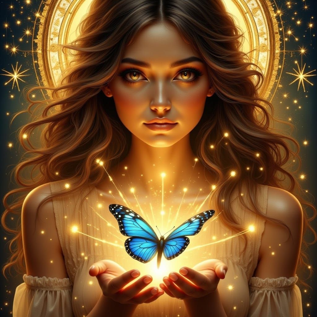 Ethereal Woman Holding Light Orb With Blue Butterfly