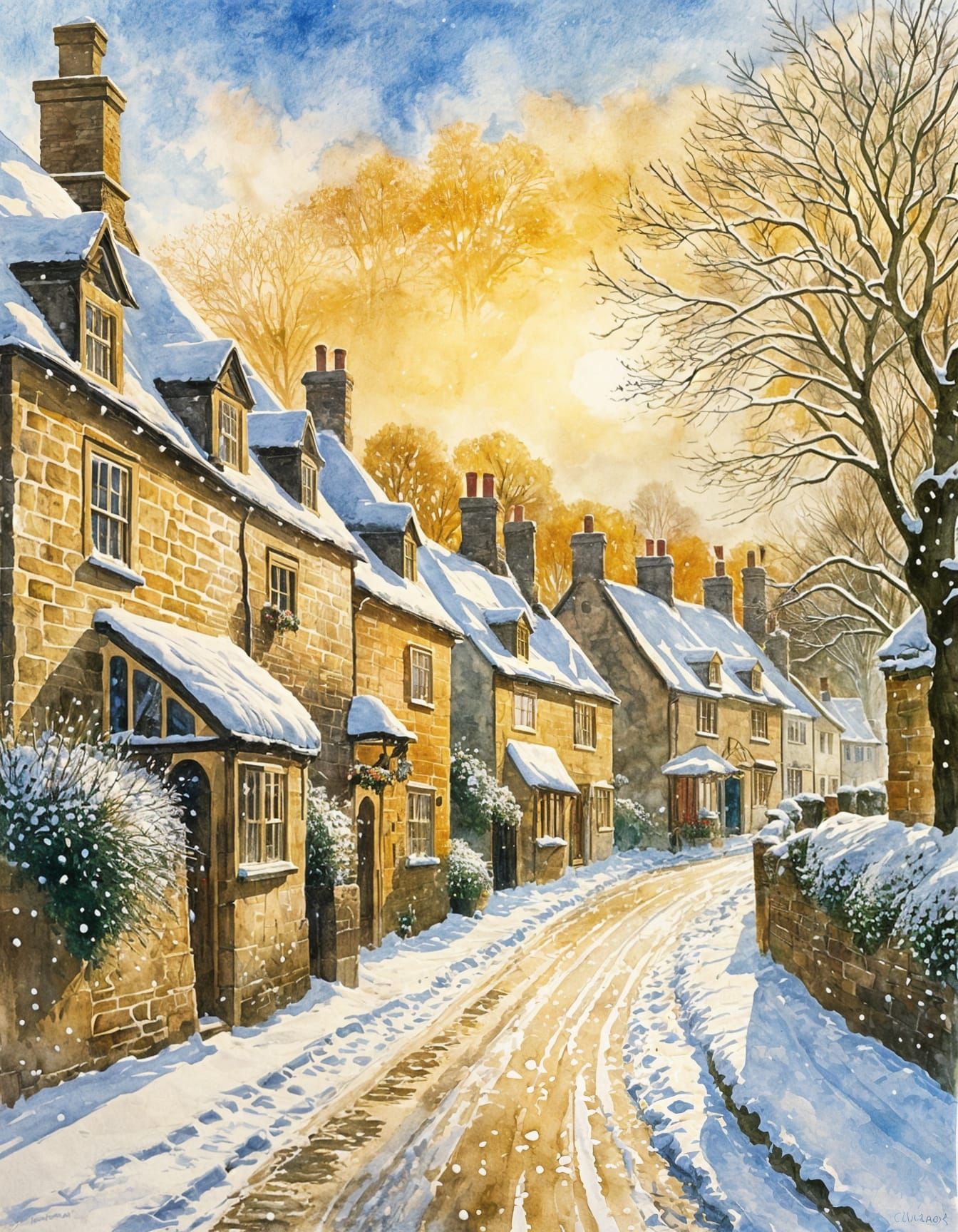 Chipping Camden Winter Morning in Watercolor Style