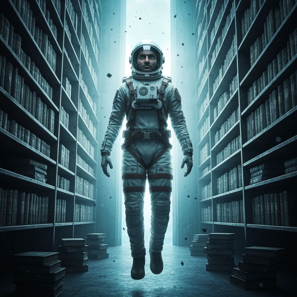 Astronaut in Celestial Library with Glowing Tomes