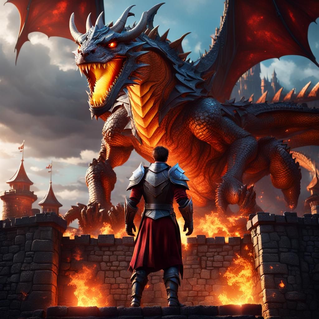 Hero in Fire Armor Battles Dragon: Fantasy Art