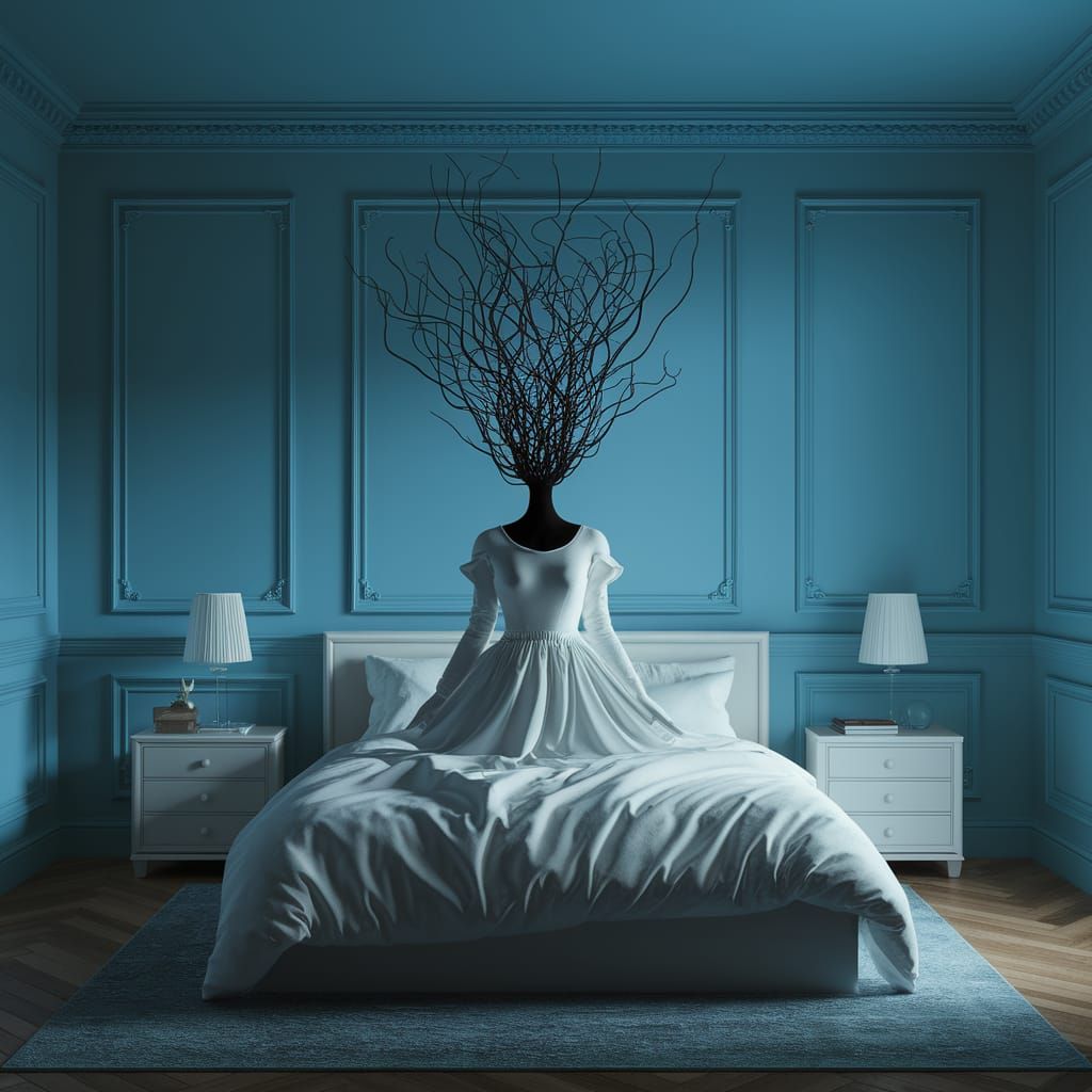 Surreal Woman with Tentacles in Dilapidated Room