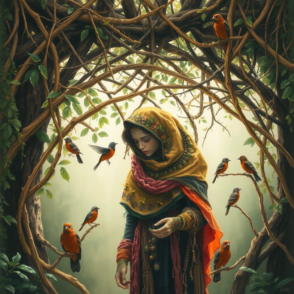 Mystical Figure in Earthy Tapestry: Watercolour Painting