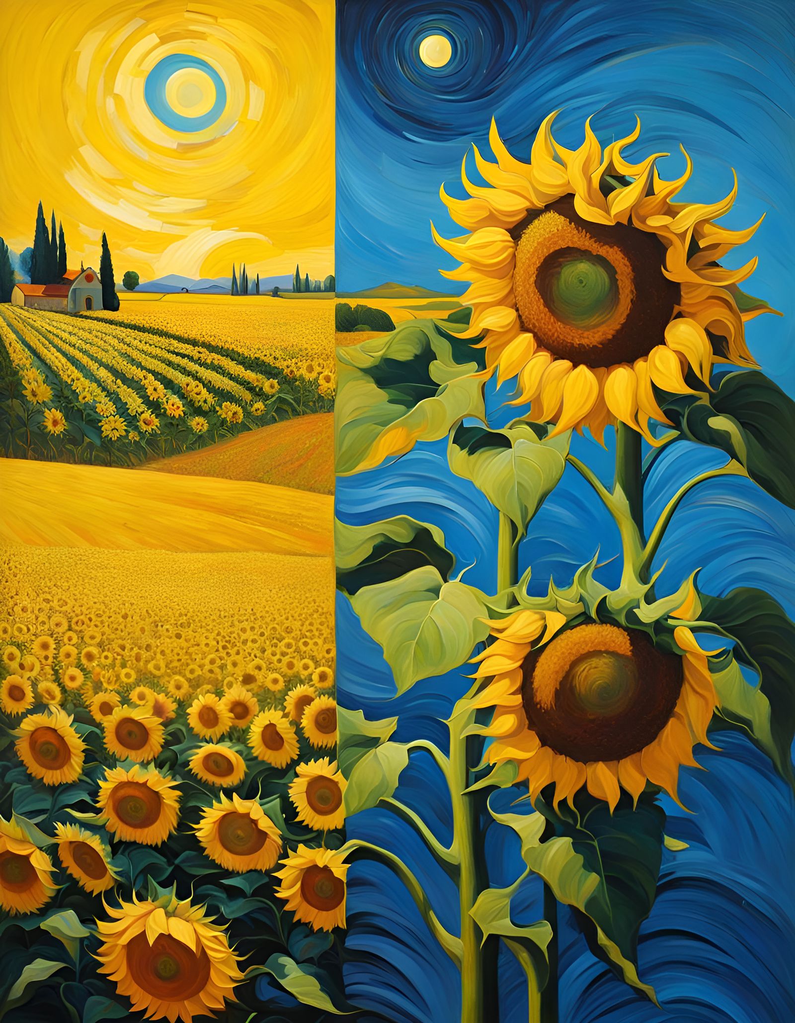 Surreal Sunflower People in Impressionistic Landscape