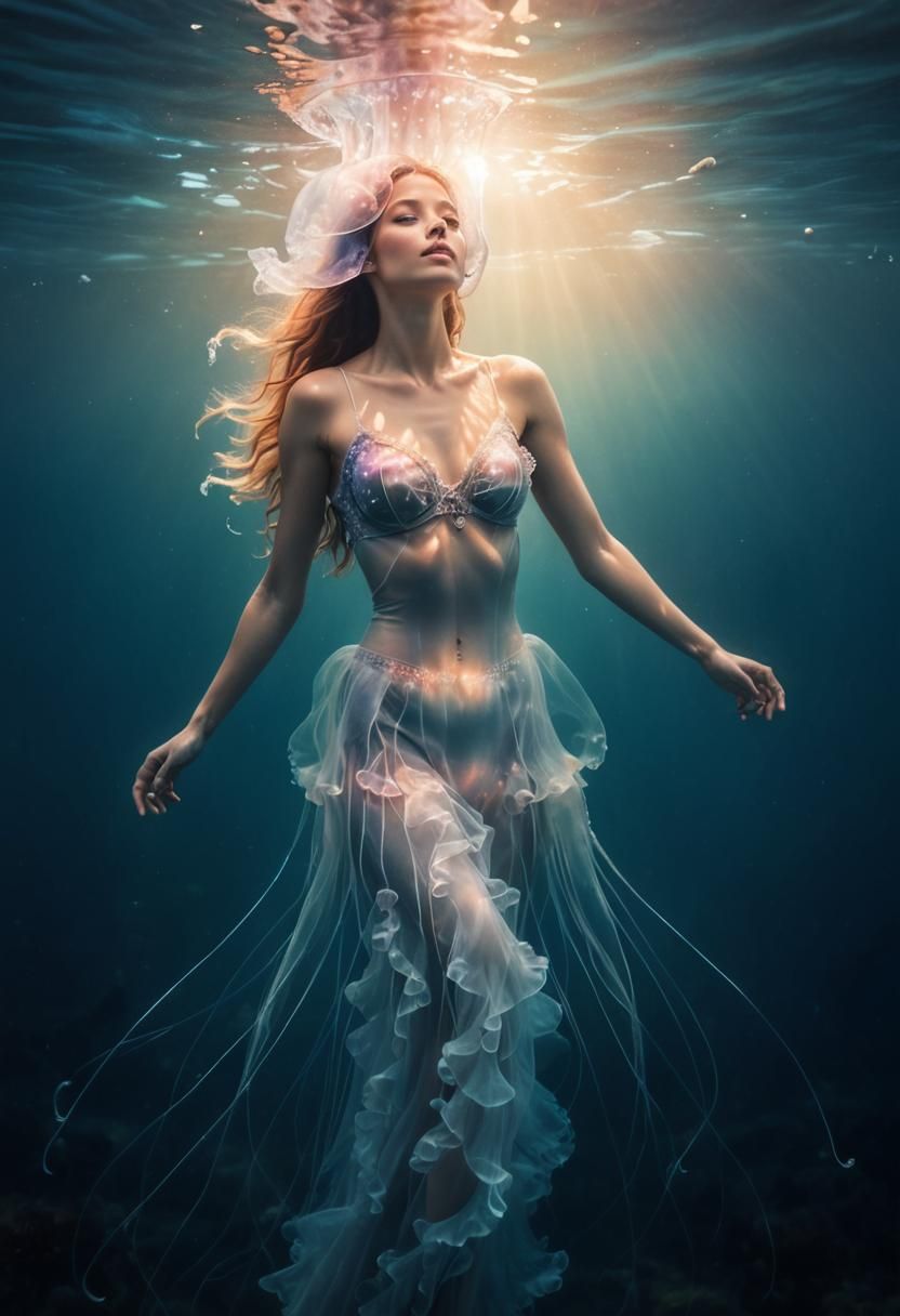 Ethereal Underwater Portrait of Aquatic Jellyfish Woman