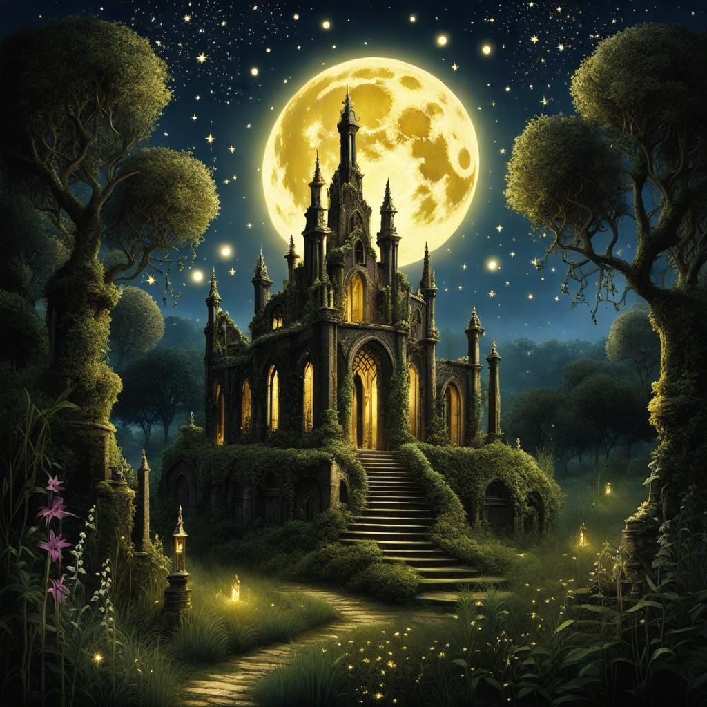Gothic Ruins Under Moonlight in Tim Burton Style