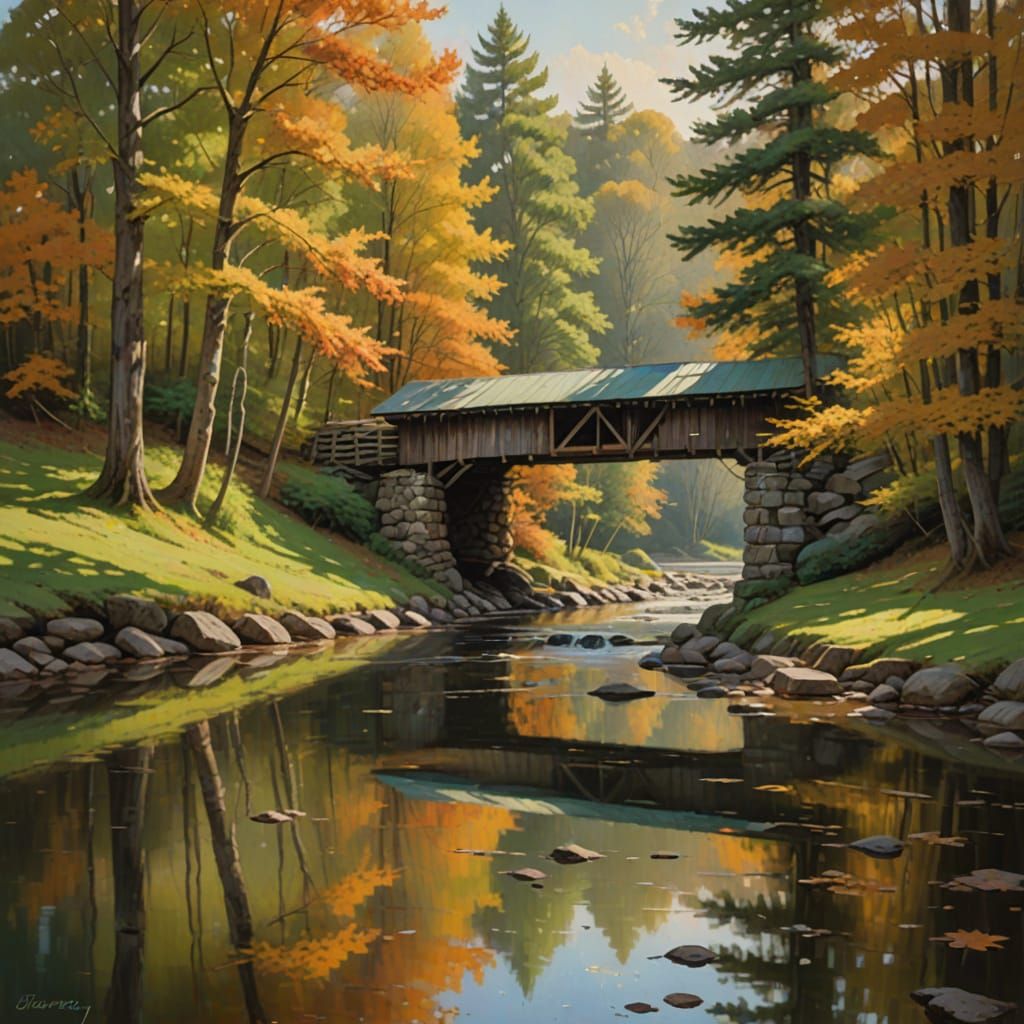 New England Covered Bridge in Warm Autumn Light