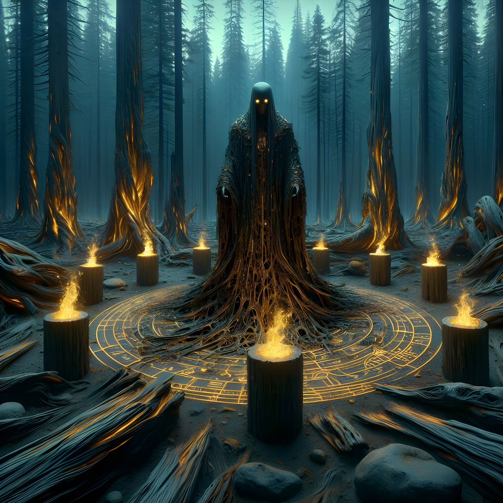Eerie Forest Ritual with Glowing Symbols