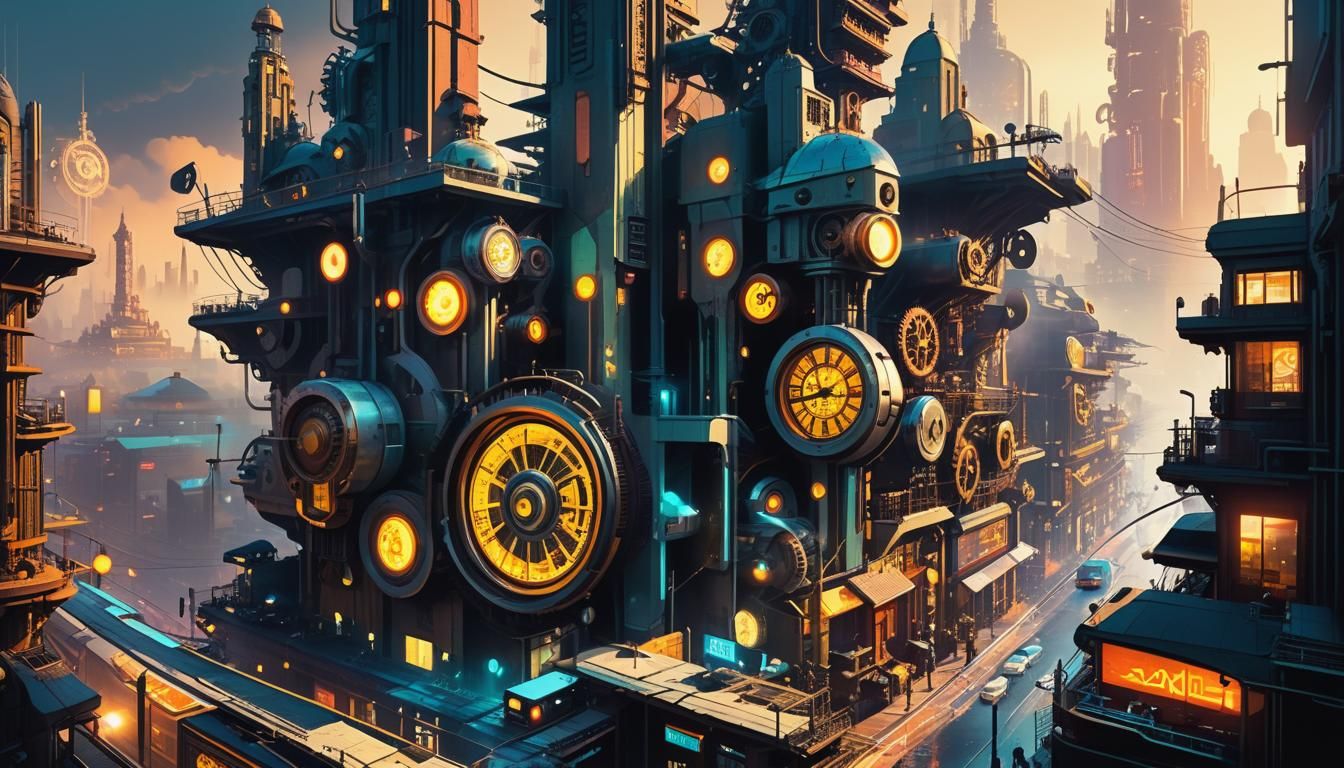Retro-Futuristic Cityscape Collage in Steampunk Style
