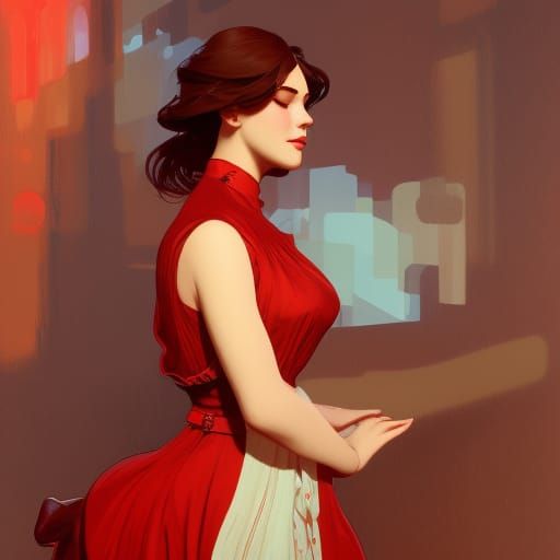Girl in Red Dress: Vintage Concept Art