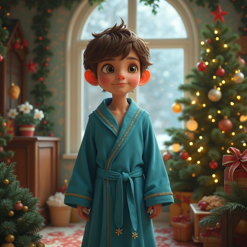Whimsical Christmas Boy in Blue Dressing Gown