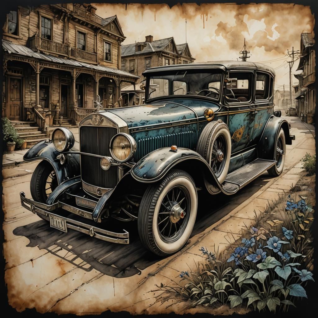 Antique Towncar on Parchment with Vivid Colors