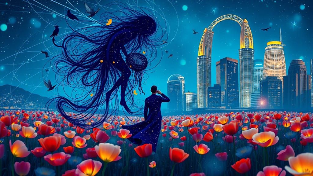 Blue Man Among Himalayan Poppies in Art Nouveau Style