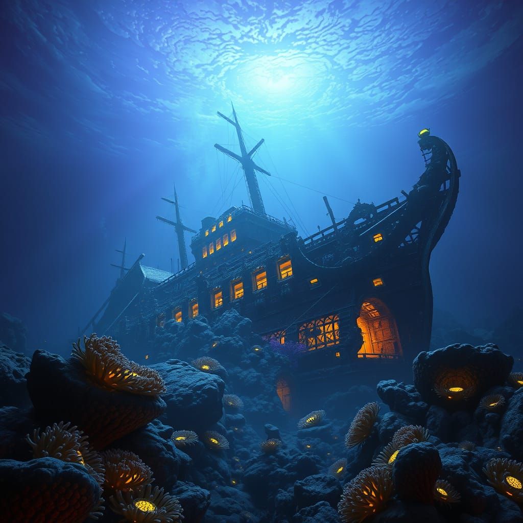 Ancient Shipwreck in Bioluminescent Ruins