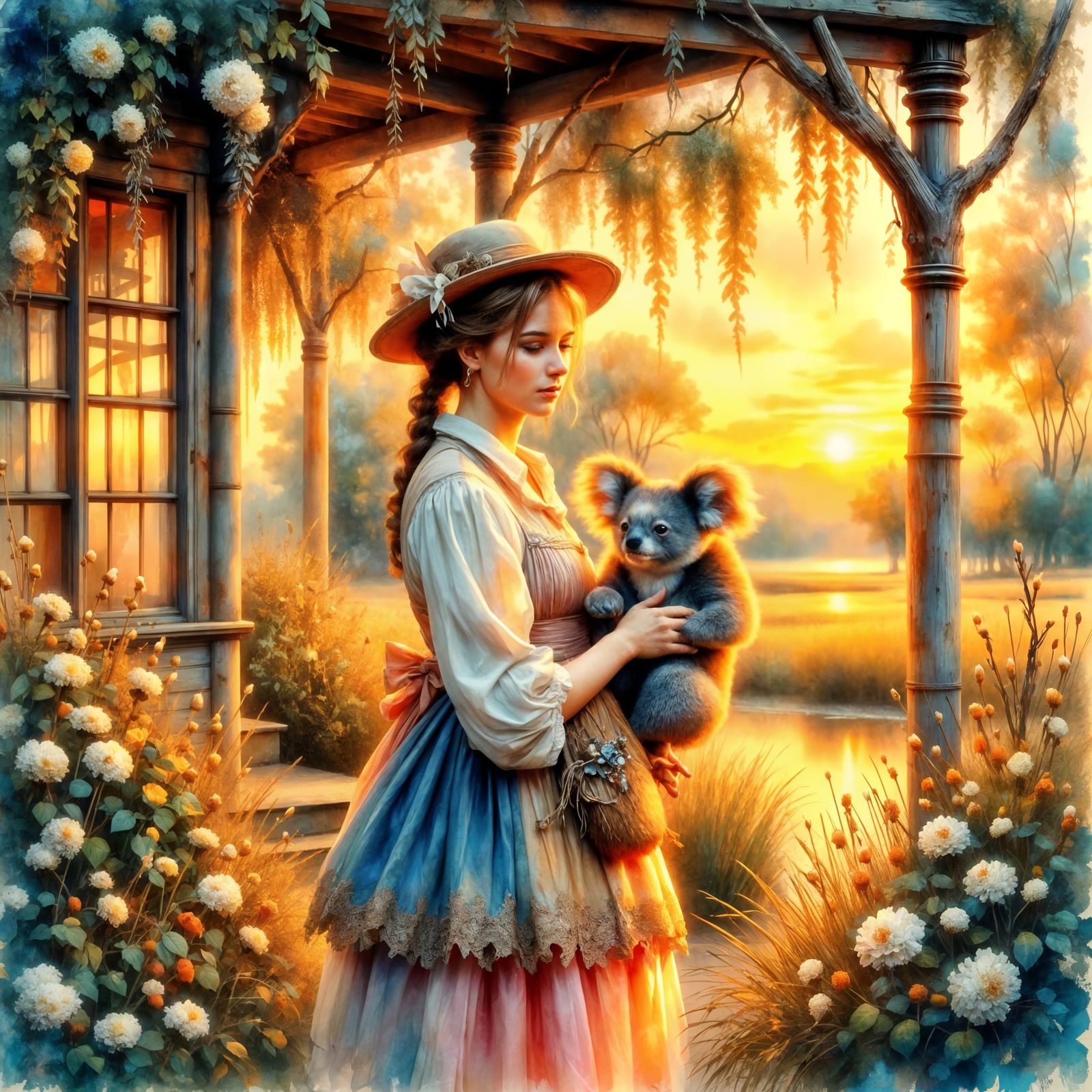 Victorian Woman with Koala in Australian Outback