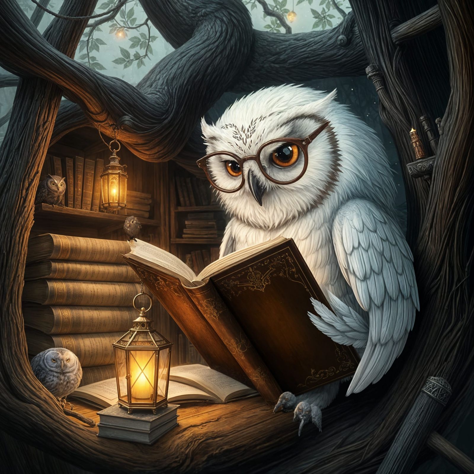 Wise Owl Reads in Cozy Treetop Library