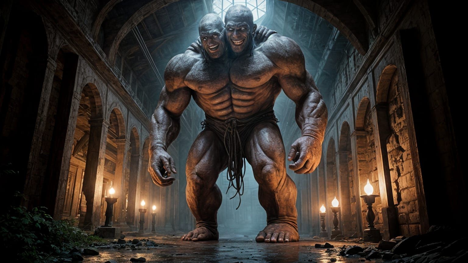 Menacing Two-Headed Giant in Eerie Underground Chamber