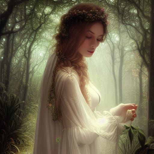 Woman in White Dress in Magical Wood