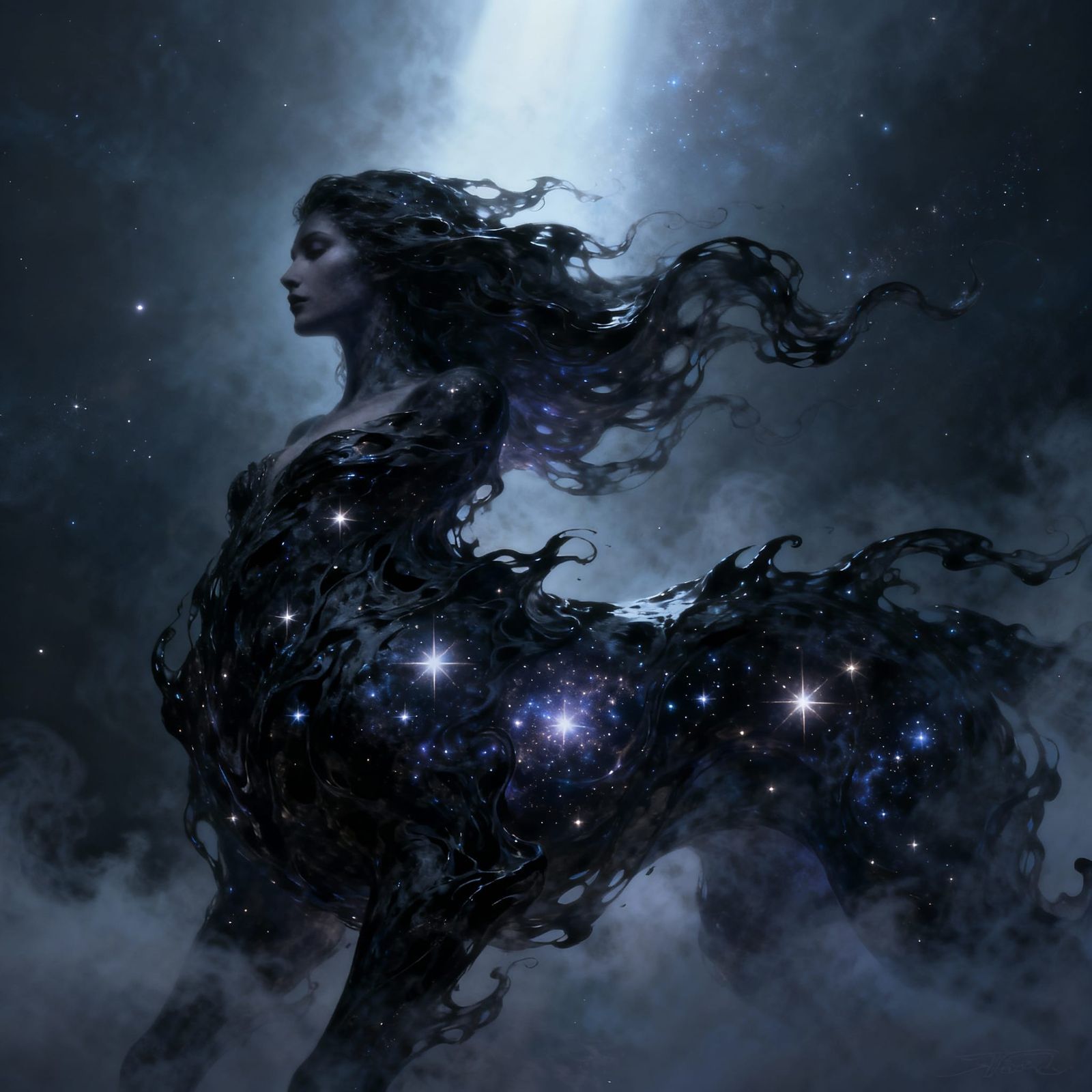 Cosmic Goddess Forms Mythical Creature in Dark Fantasy Art