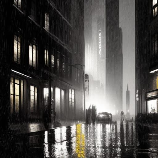 Noir Cityscape at Night in Rainy Alley