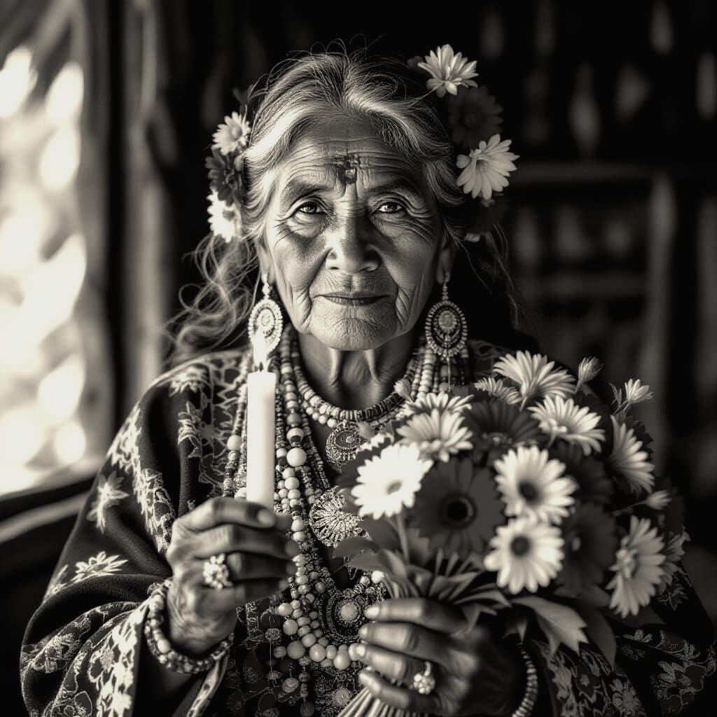 Hyperrealistic Portrait of South American Elder Holding Cand...