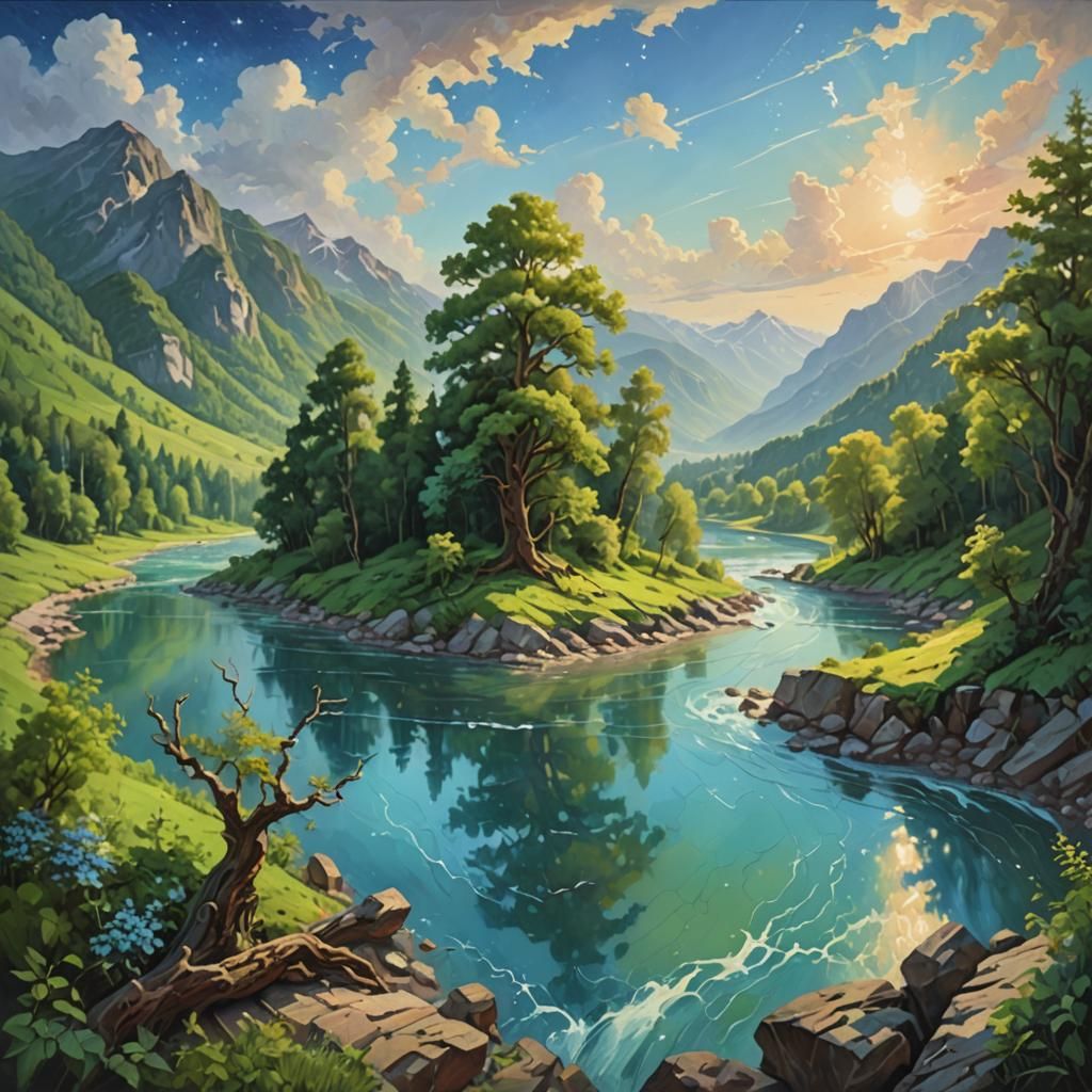 Lush Mountain Range Landscape: Romantic Oil Painting