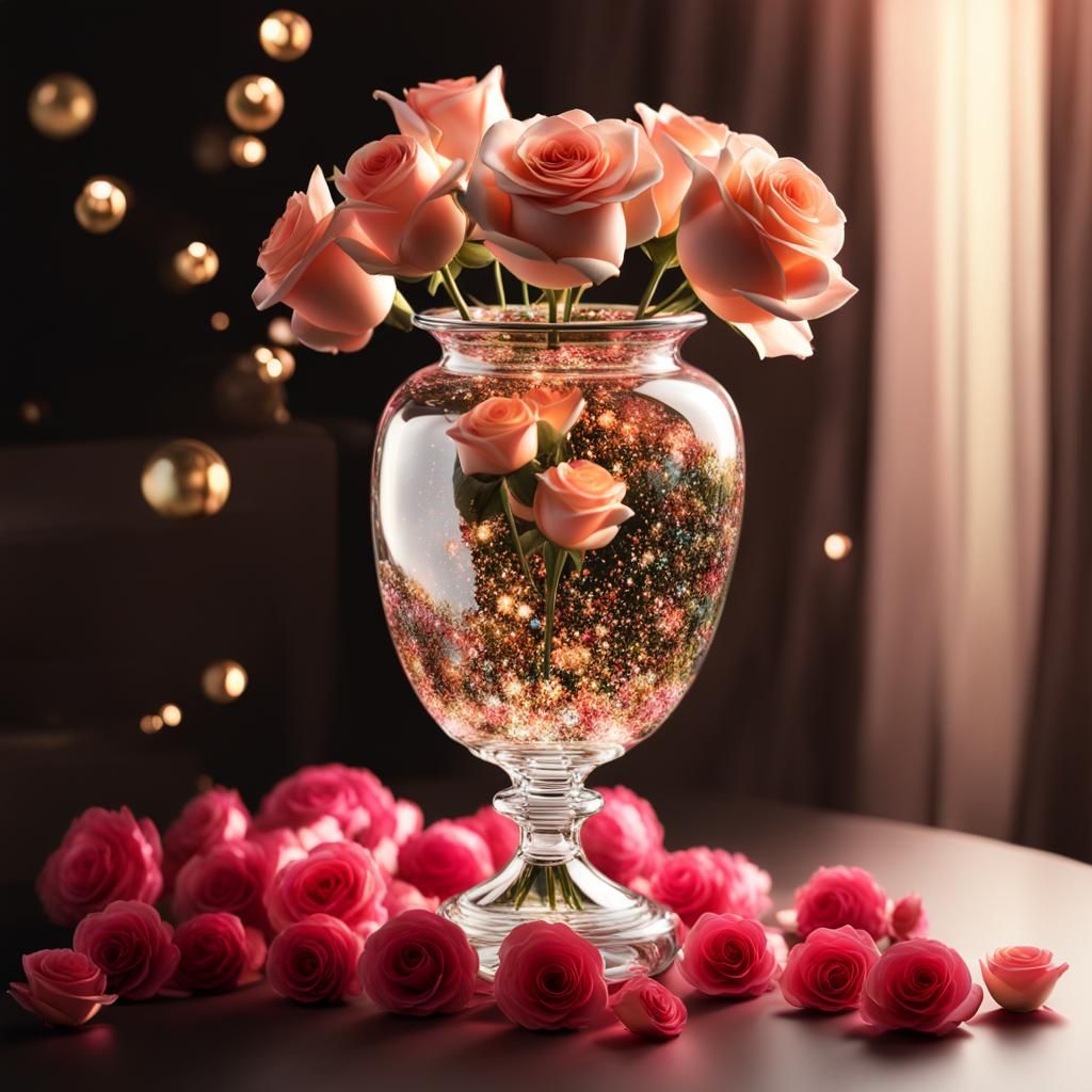 Hyperrealistic Vase with Shimmering Roses in CGI