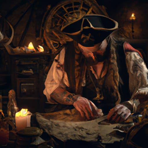 Pirate Captain Examines Treasure Map by Oil Lamp