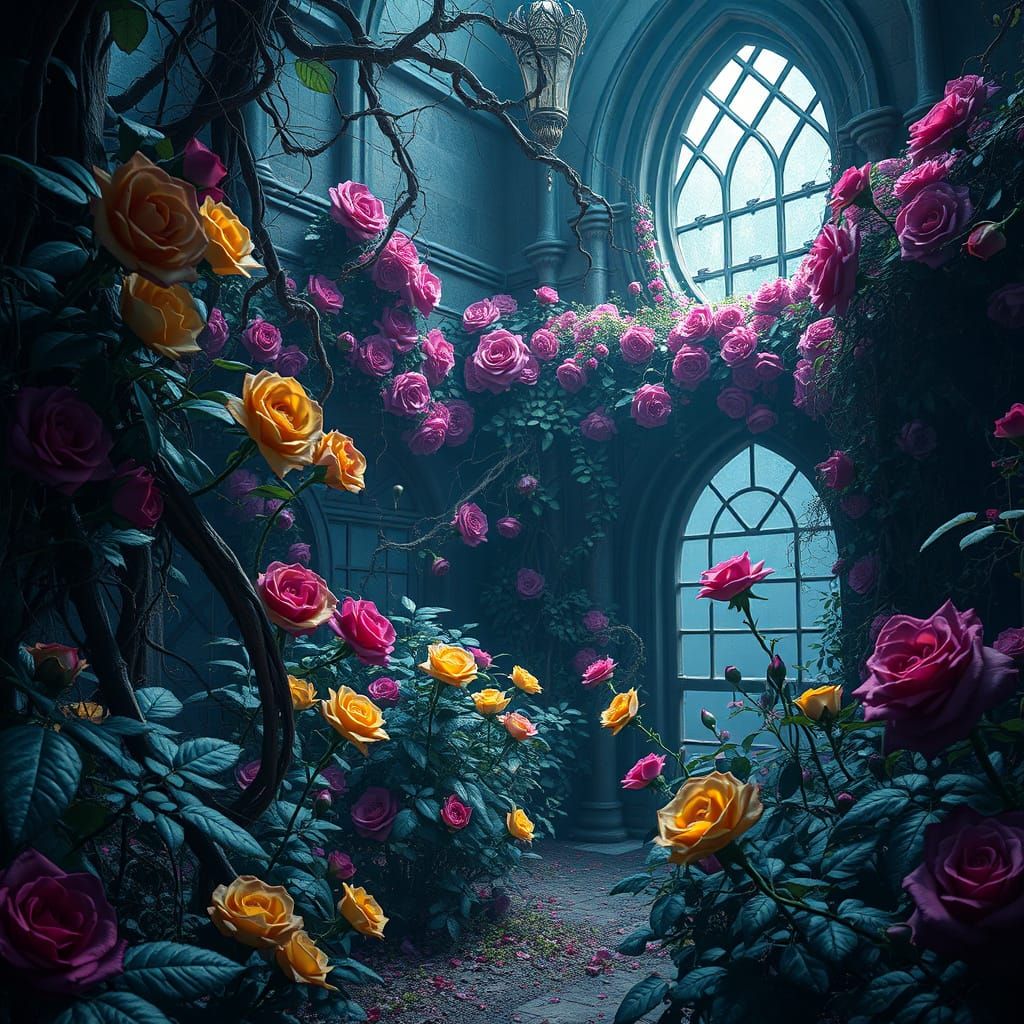 Mysterious Abandoned Rose Garden in Dark Fantasy Style