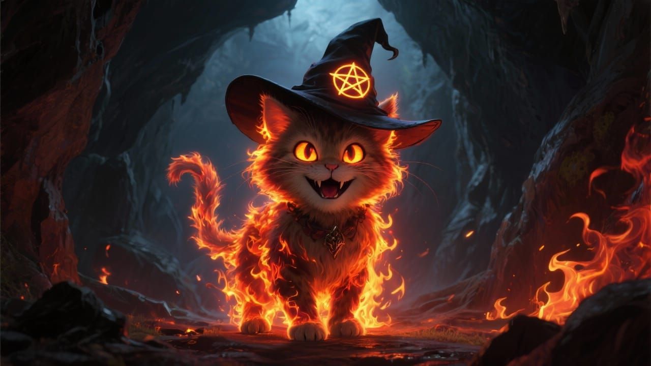 Evil Witch Kitten with Flaming Fur and Pentagram