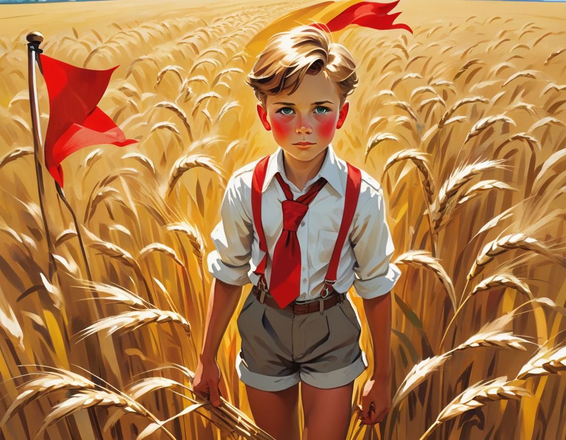 Heroic Soviet Boy with Red Flag in Wheat Field