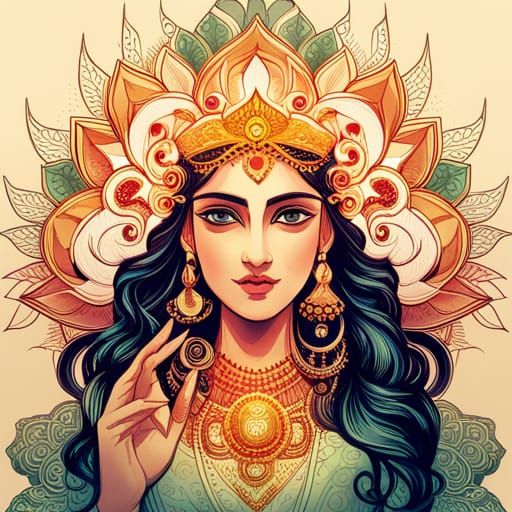 Goddess Lakshmi Digital Painting with Golden Outlines