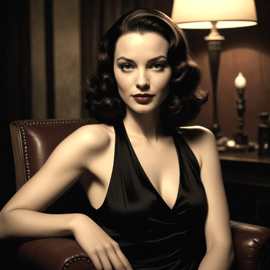 Smiling Film Noir Woman in 1940s Interview Pose