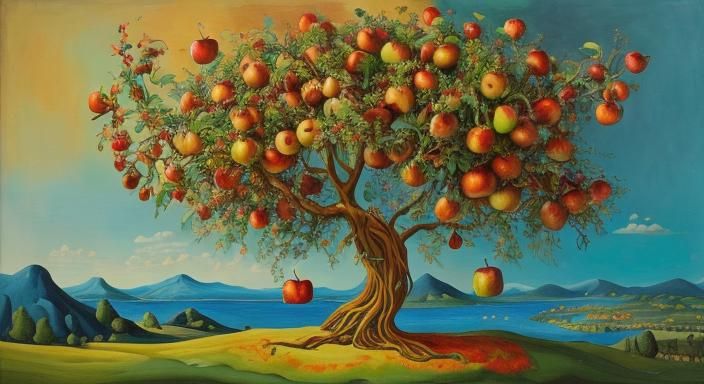 Surrealist Apple People in Lush Landscape