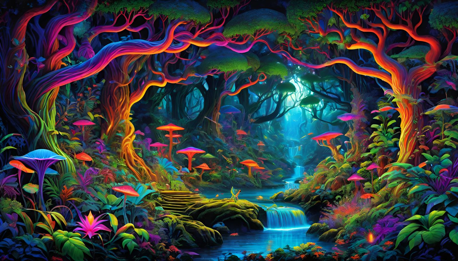 Psychedelic Blacklight Jungle with Mythical Creatures